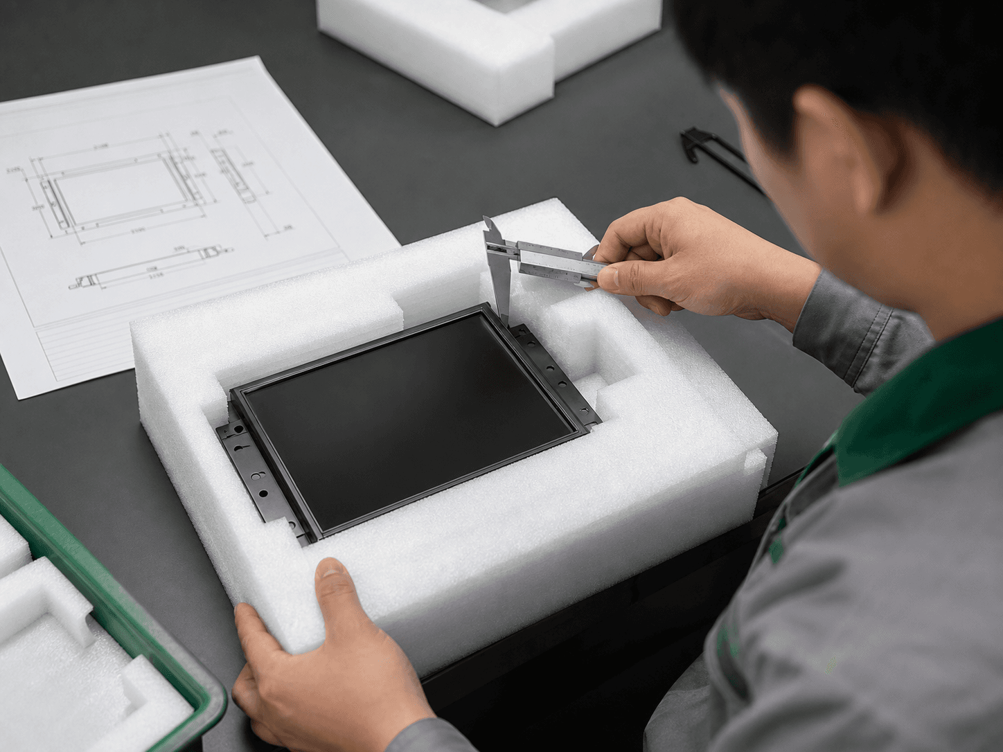 Technician checking the dimensions and fit of an EPE foam insert around a display module